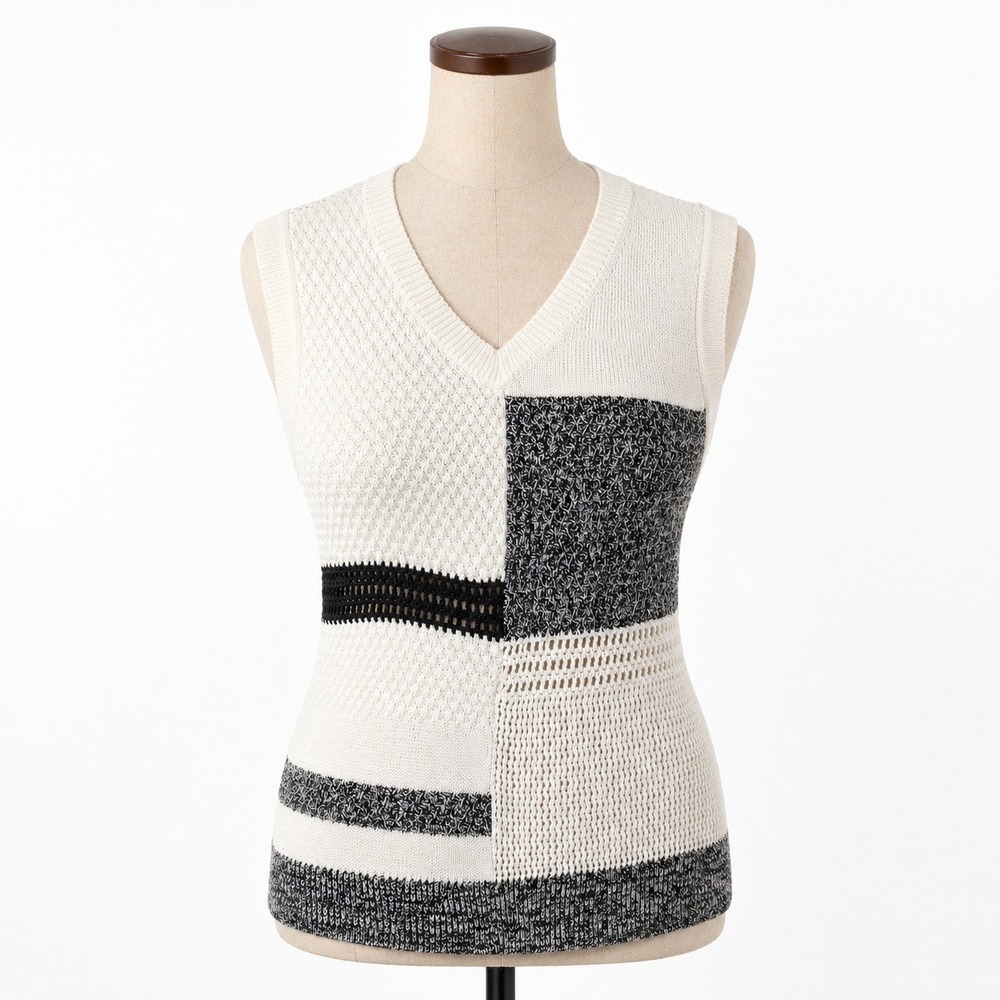 Joseph Cotton Patchwork Open Knit Tank Top Sz L Black White Coastal‎ Luxury Boho